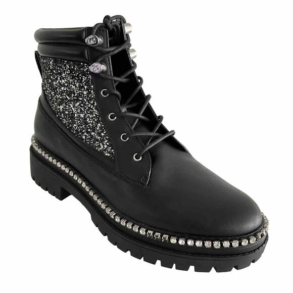 Michael Michael Kors Turner Sequin Combat Bootie Black Lace-up FLAWED 9.5 - Picture 1 of 14